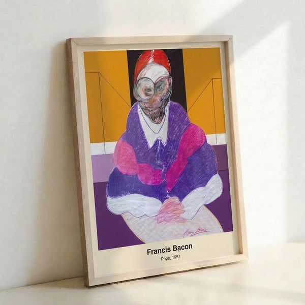Modern art print on wall displaying an abstractly contorted religious figure in subdued palette of grey, black, and burnt orange, intensely psychological in mood.