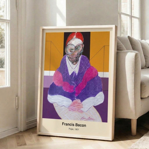 Framed contemporary poster of a grotesquely abstracted pope, rendered in muted tones with splashes of burnt orange, conveying raw emotional intensity.