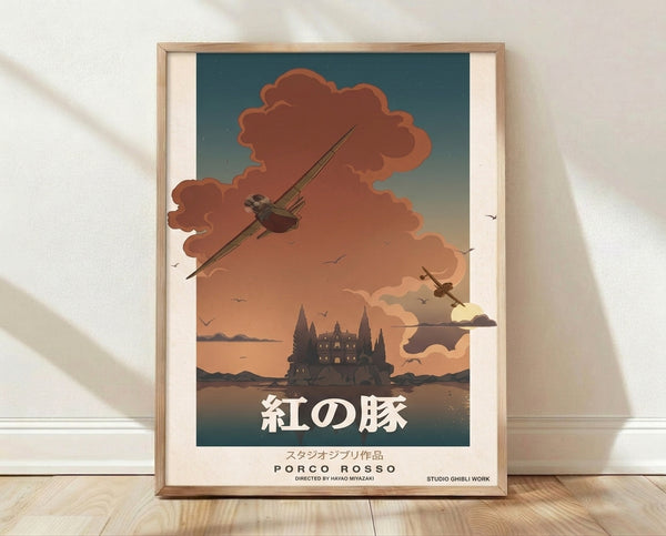 Framed poster of a red seaplane flying over an castle and water under a dramatic sunset sky in rust orange, teal, and golden hues.