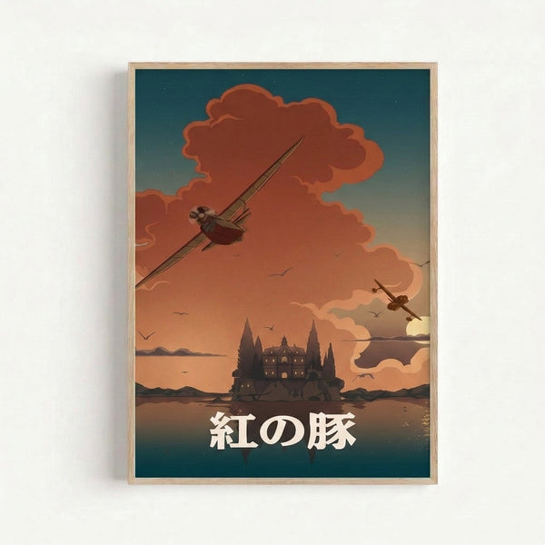 Studio Ghibli-inspired art print showing an airplane in flight above a moonlit castle with whimsical clouds in a mid-century modern style.