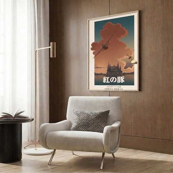 Mid-century modern inspired print showing an aircraft in flight over moonlit architecture and water beneath a golden and teal atmospheric sky.