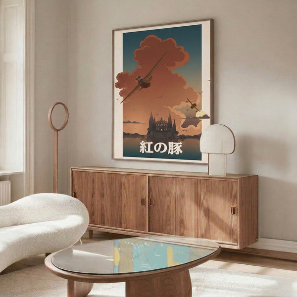 Ghibli-aesthetic wall art featuring a soaring seaplane above clouds and a castle reflection, rendered in dramatic sunset colors of rust, cream, and indigo.