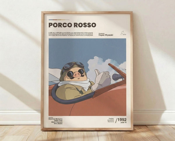 Framed Porco Rosso poster featuring an aviator pig in flight goggles against a warm sky blue and terracotta backdrop with fluffy clouds, evoking nostalgic 1990s anime charm.