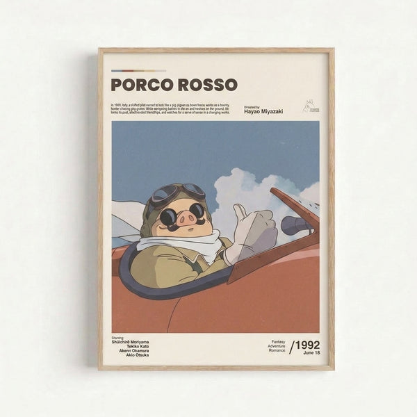 Studio Ghibli-inspired airplane poster showcasing a whimsical pig pilot in goggles soaring through cream and blue skies, blending adventurous spirit with retro warmth.