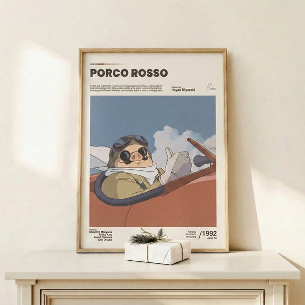 Anime art print featuring a charming pilot pig in flight goggles against a sky-blue backdrop with warm terracotta accents and cloud-white details.