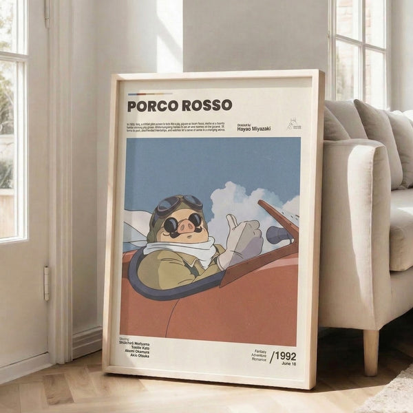 Whimsical framed Ghibli artwork of a pig pilot gazing skyward in goggles, set against dreamy blue and cream clouds with warm brown undertones.