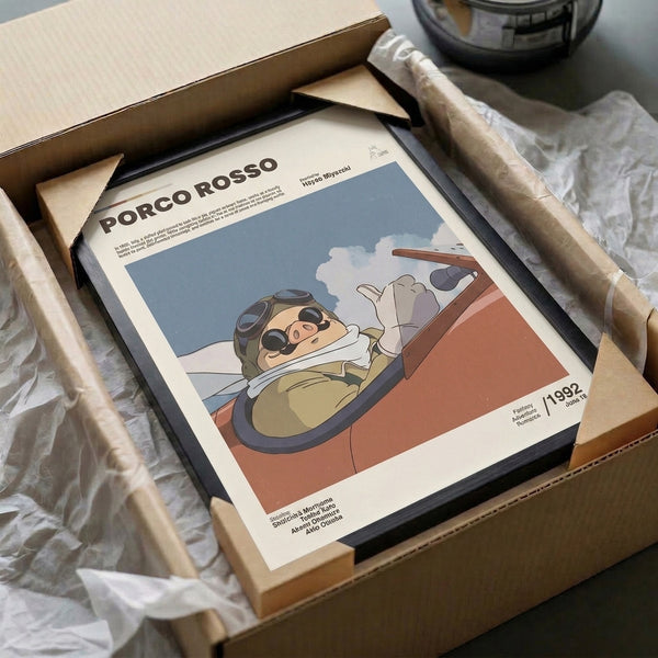 Retro Studio Ghibli-style poster showing an aviator pig with goggles against a warm palette of sky blue, terracotta, and cloud white, brimming with whimsical charm.