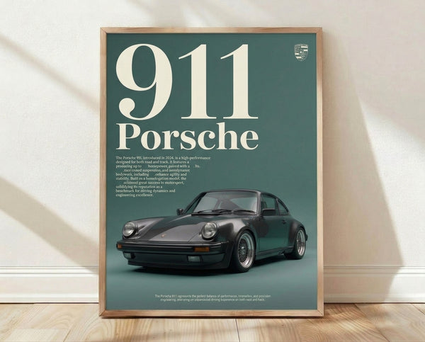 Modern minimalist Porsche 911 poster in teal, dark grey, and cream featuring a sleek sports car design with sophisticated, performance-driven aesthetic.