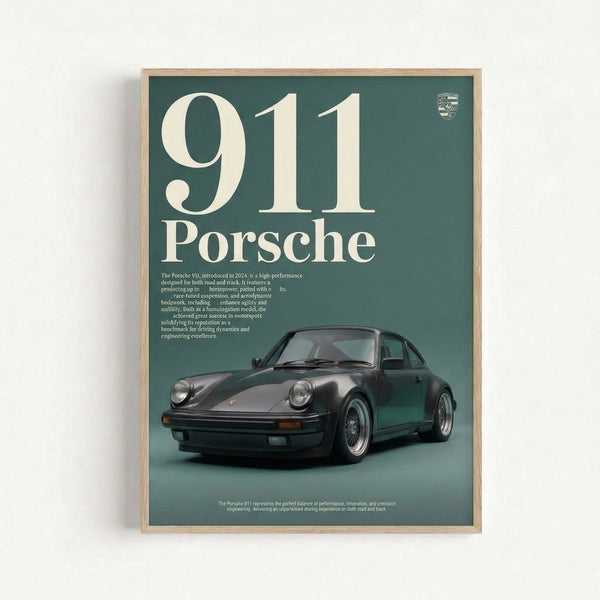 Framed contemporary art print of a Porsche 911 in charcoal and teal tones, exemplifying minimalist automotive design with aspirational appeal.