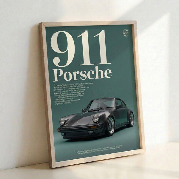 Minimalist Porsche 911 wall art rendered in a modern style with teal and grey palette, capturing the essence of high-performance luxury.