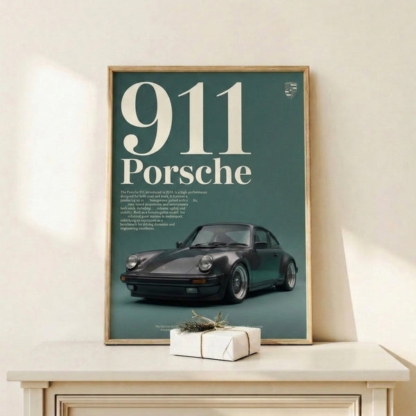 Contemporary poster showcasing a Porsche 911 sports car in muted teal and charcoal tones with clean, minimalist graphic design.