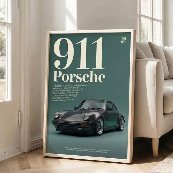 Modern sports car poster featuring a Porsche 911 in sophisticated cream, dark grey, and teal hues with minimalist composition.