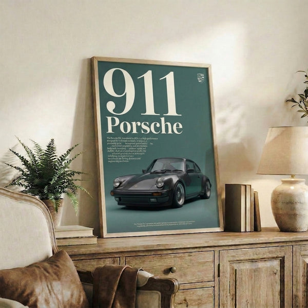 Framed minimalist art print of a Porsche 911 automobile in charcoal, teal, and cream with contemporary, performance-focused styling.