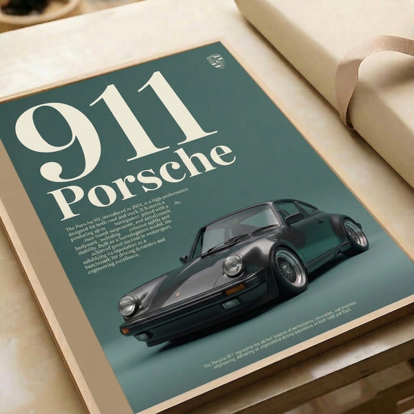 Sleek Porsche 911 poster in modern minimalist style, rendered in dark grey and teal with an aspirational, sophisticated aesthetic.
