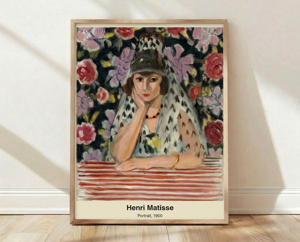 Matisse-inspired portrait bust of a woman in ochre, rust, and green tones, rendered in an impressionist modern style with contemplative mood, framed on a wall.