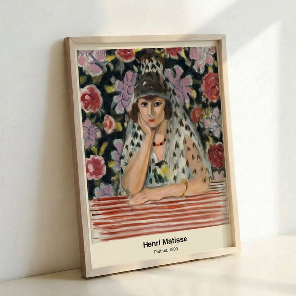 Woman's bust portrait in cream, green, and rust palette with impressionist brushwork and minimalist features, displayed as a framed poster.