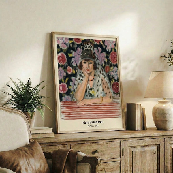 Abstract bust portrait in muted ochre, cream, and rust colors with impressionist expressionism, capturing quiet introspection in a framed wall artwork.