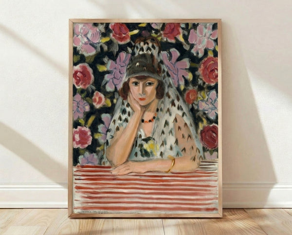 Modern portrait painting with abstract faceless figure in warm earth tones and muted colors, framed as wall art.