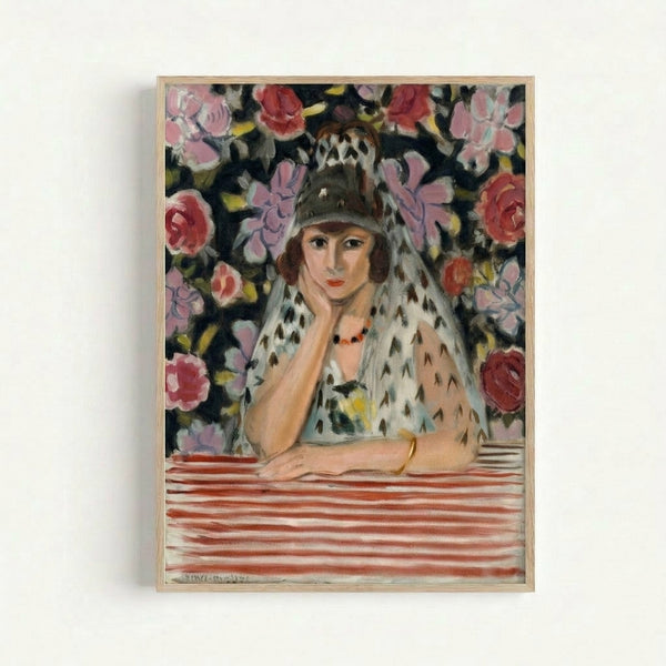 Vintage-style portrait print featuring simplified human form in ochre, cream, and soft brown tones on gallery wall.