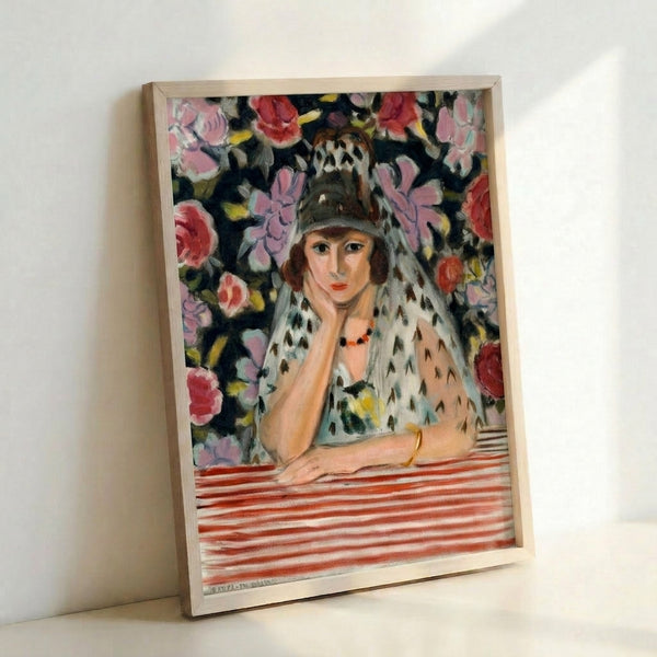 Matisse-inspired faceless portrait artwork in minimalist style with warm color palette, displayed as framed home decor.