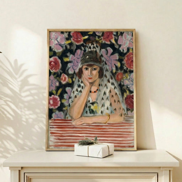 Abstract portrait painting with featureless face rendered in muted earth tones and cream, modern art print on wall.