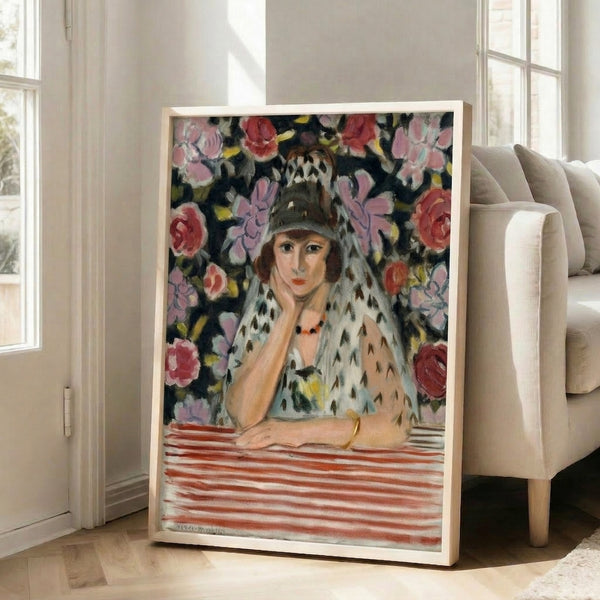Faceless figure portrait in warm hues and simplified shapes, contemporary art print in frame for interior decor.