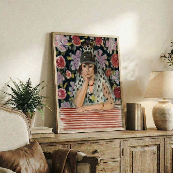 Modern portrait artwork with obscured facial features in soft ochre and neutral tones, framed poster for home gallery.