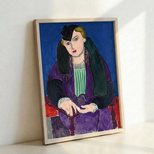 Framed minimalist figure study in cobalt blue with reduced facial features, serene composition in the style of Henri Matisse.