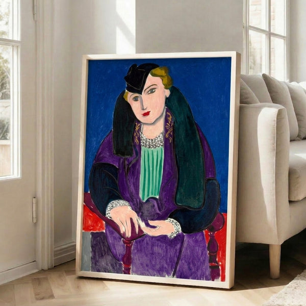 Stylized portrait with geometric simplicity showing a person in a striking blue garment, modern poster art with muted surroundings.