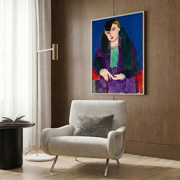 Abstract portrait artwork in cool blue tones showcasing a faceless subject in elegant coat, minimalist gallery-quality wall print.