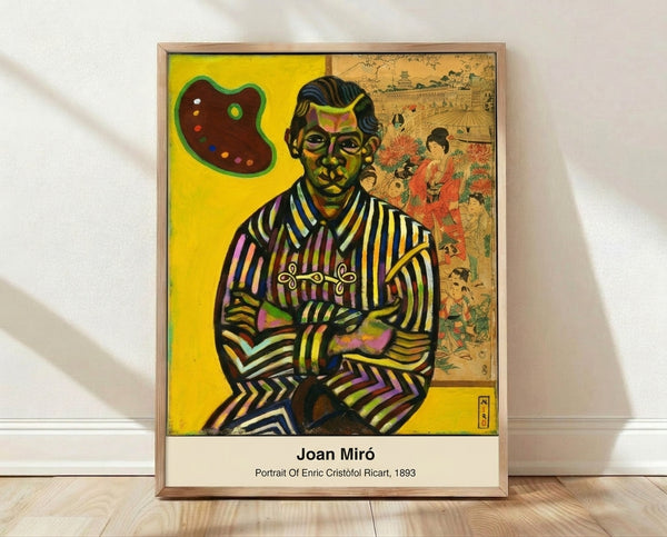 Abstract surrealist portrait with geometric shapes in black, blue, red, and yellow tones depicting a dreamlike face and palette on framed wall art.
