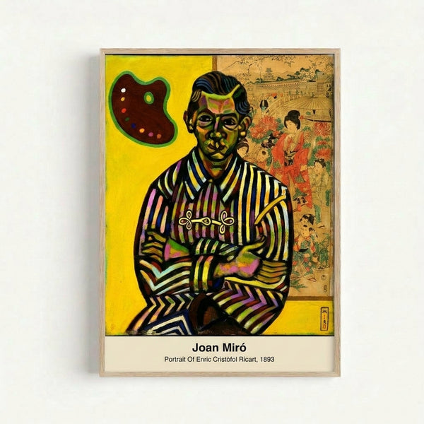 Framed modern art print featuring Miro's surreal portrait composition with bold colors and imaginative line work against a white background.