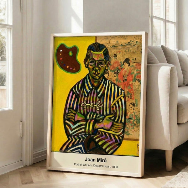 Dreamlike abstract portrait in Miro's surrealist style, combining geometric shapes and vivid colors on a framed gallery wall display.
