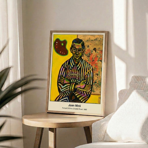 Modern abstract art print showing a stylized surreal portrait with imaginative use of black outlines and bright color accents in red, blue, and yellow.