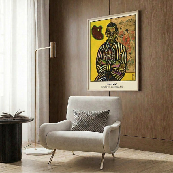 Framed surrealist portrait artwork featuring bold abstract forms, an artist's palette, and introspective mood conveyed through vibrant chromatic composition.