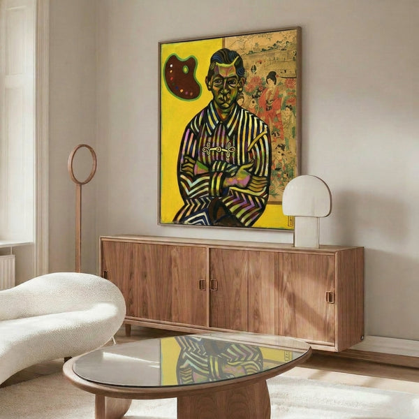 Abstract surrealist portrait with dreamlike quality, geometric shapes, and striking color palette of black, blue, red, and yellow on wall-mounted print.