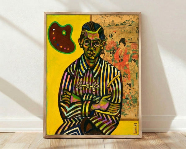 Joan Miró surrealist portrait painting in muted earth tones and soft blues, featuring abstract geometric forms and organic shapes representing a man's face, framed as a wall art print.