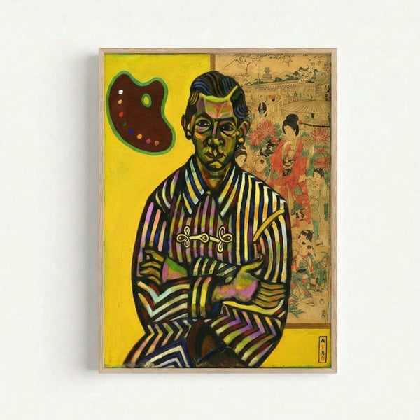 Abstract portrait by Joan Miró with simplified facial features rendered in tan, ochre, and pale blue hues, displaying the artist's characteristic surrealist style on a framed poster.