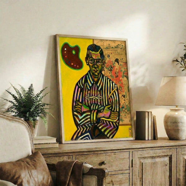Abstract surrealist portrait painting by Joan Miró with simplified features in a restrained palette of taupes and soft blues, framed for contemporary wall display.