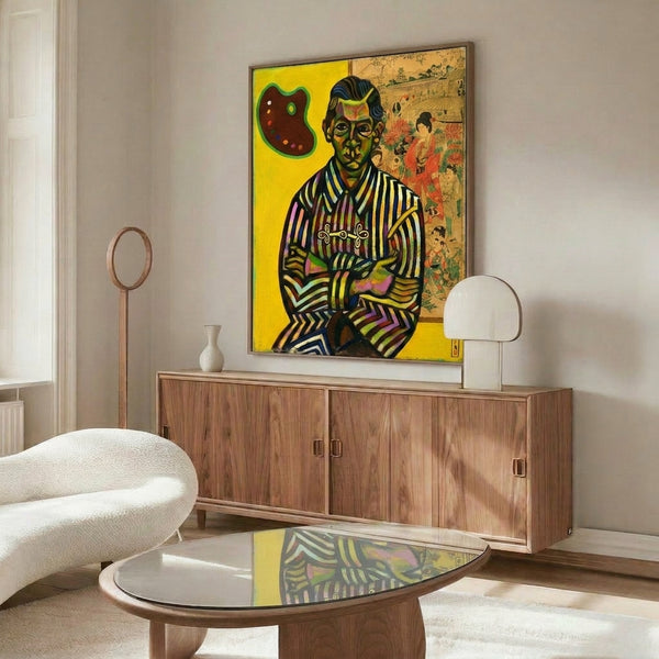 Miró surrealist portrait rendered in soft ochre, tan, and powder blue with simplified, abstracted facial features, creating an introspective mood on a framed poster.