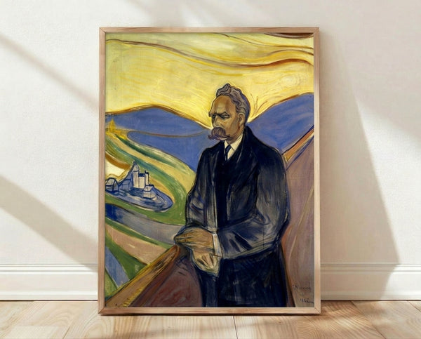 Expressionist portrait of Friedrich Nietzsche with bold brushstrokes and dark, muted tones, featuring an intense, brooding mood in a framed print on a wall.