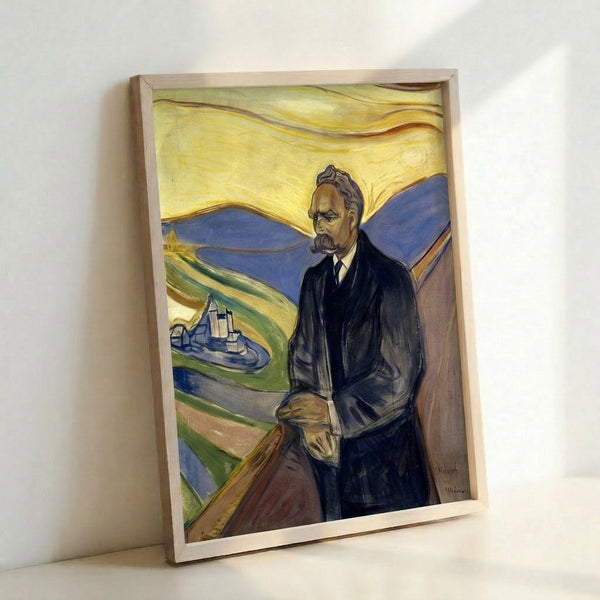 Moody philosophical portrait with loose, expressive brushwork in deep browns and blacks, depicting a serious bearded man against a muted background.