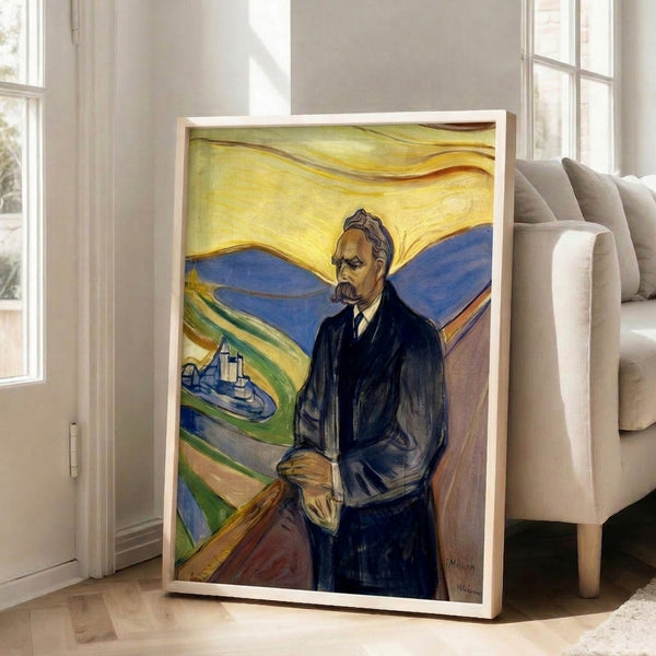 Framed expressionist portrait print featuring bold gestural lines and a somber palette, capturing psychological intensity in the subject's gaze.