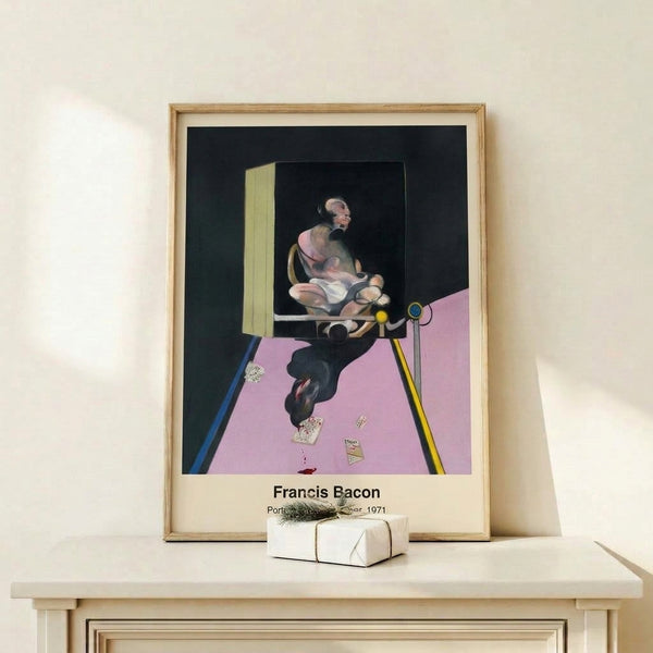 Abstract figure portrait in predominantly dark tones with energetic brushstrokes and pops of color, creating a psychologically charged and somber atmosphere.
