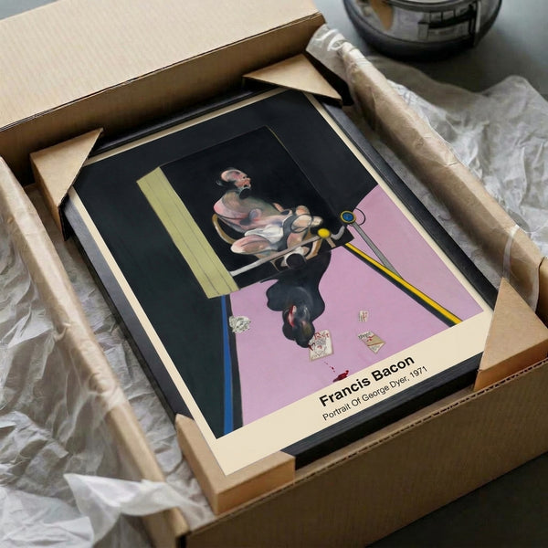 Modern expressionist framed art print depicting a seated figure with distorted proportions in predominantly dark palette with contrasting warm color accents.