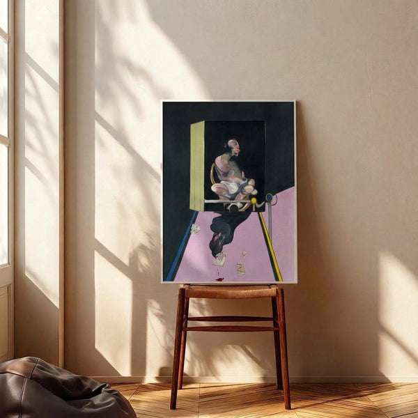 Dark moody portrait of a man on a wall in a framed print, painted with bold gestural marks and a somber color palette that conveys psychological intensity.