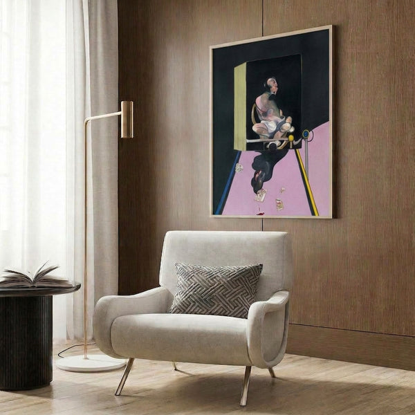 Modern art poster featuring an abstracted human figure in shadowy grays and blacks, executed in an expressive style that emphasizes emotion over realistic detail.