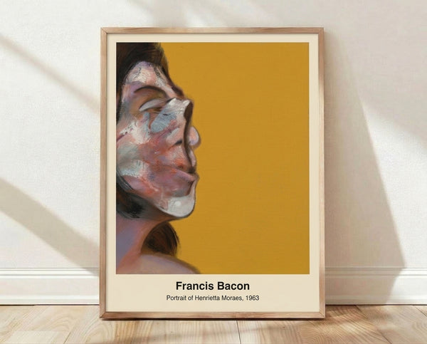 Abstract portrait in ochre and burnt sienna tones depicting a distorted female figure with obscured features, evoking psychological intensity and existential unease in the style of Francis Bacon's 1963 work.