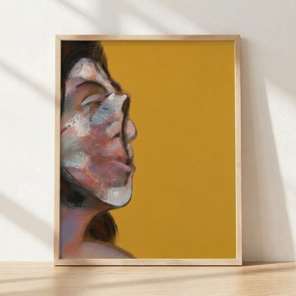 Abstract portrait painting with dark, muted tones and gestural brushstrokes depicting a faceless figure in an expressionist style, framed as a modern art print on a wall.