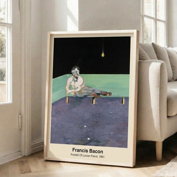 Expressionist portrait in earthy tones of black, ochre, and white with loose gestural marks suggesting a contemplative figure; dark art print on wall.